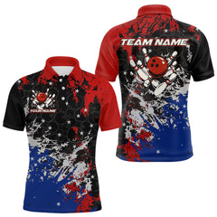 Maxcorners Red, White and Blue Camo Bowling Polo, Quarter Zip shirts for Men Custom Patriotic Gift For Bowlers TU0309