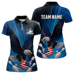Maxcorners Blue Light Eagle American Flag Men's Bowling Polo, 1/4 Zip Shirt Custom Patriotic Team Bowling jersey LM2707