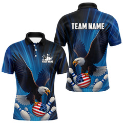 Maxcorners Blue Light Eagle American Flag Men's Bowling Polo, 1/4 Zip Shirt Custom Patriotic Team Bowling jersey LM2707