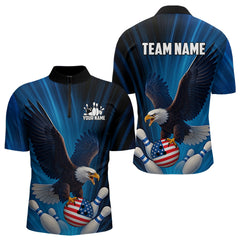 Maxcorners Blue Light Eagle American Flag Men's Bowling Polo, 1/4 Zip Shirt Custom Patriotic Team Bowling jersey LM2707