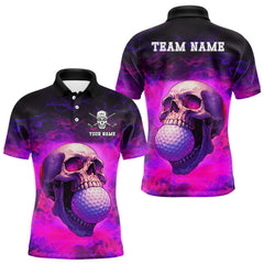 Maxcorners Custom Pink Flame Golf skull Halloween Mens golf polo shirt, Personalized Team Skull golf outfit MT0708