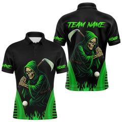 Maxcorners Black and Green Flame Skull Reaper Mens Golf Polo Shirt Custom team golf outfits for mens golfer gift LM1809