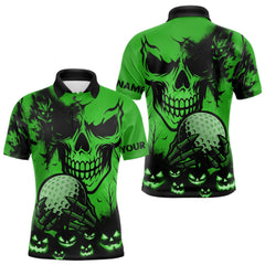 Maxcorners Custom Skull Golf Polo Shirts For Men Halloween Golf Outfits, personalized golf gifts | Green MT1309