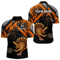 Maxcorners Custom Funny Turkey Bowling Jersey Black and Orange Thanksgiving Bowling Team Men Polo, 1/4 Zip Shirt MT1309