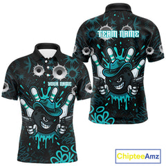 Maxcorners Black and Cyan Blue Bowling Cowboy gun Men bowling polo, 1/4 zip shirts Custom bowling team jersey TU1609