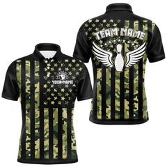 Maxcorners Black and Green Camo American Flag Bowling Shirts For Men Custom patriotic Bowling Team Jerseys