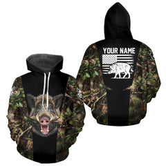 Maxcorners Custom Wild Boar Hunting 3D Shirt Black and Forest Camo with US Flag, Boar Hunting Gifts LM2509