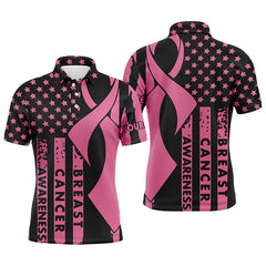 Maxcorners Golf Breast Cancer Awareness American Flag Pink Ribbon Customized Name 3D Polo Shirt Unisex