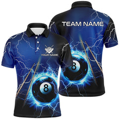 Maxcorners Personalized Thunder Lighting Blue 8 Ball Billiard 3D Polo Shirts For Men, Pool Balls Jerseys