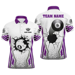 MaxCorners White Purple 8 Ball Pool Cracked Wall Customized Name 3D And Team Name Billiards Polo Shirt For Men