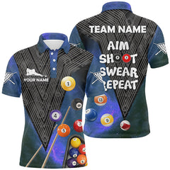 MaxCorners Aim Shoot Swear Repeat Blue Version Customized Name 3D Billiard Polo Shirt For Men