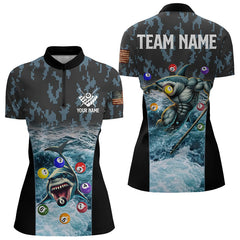 Maxcorners Blue Pool Ball Wave Ocean Custom Shark Billiard Polo & Quarter Zip For Men Billiard League Jerseys