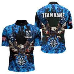 Maxcorners Blue Flaming American Flag Eagle Custom 3D Dart Shirts For Men And Women, Patriotic Darts Team Jersey