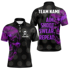 Maxcorners Funny Purple Camo Darts Skull Aim Shoot Swear Repeat Custom Dart Shirts For Men, Darts Team Jersey MT1309