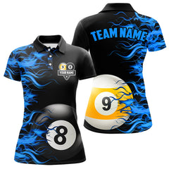 Maxcorners Blue Flaming 8 Ball & 9 Ball Billiard Shirt For Men Custom Pool Team Jersey Polo & 1/4 Zip LM1307