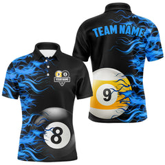 Maxcorners Blue Flaming 8 Ball & 9 Ball Billiard Shirt For Men Custom Pool Team Jersey Polo & 1/4 Zip LM1307