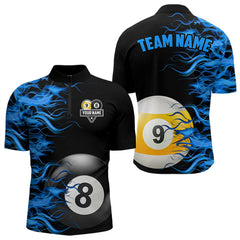 Maxcorners Blue Flaming 8 Ball & 9 Ball Billiard Shirt For Men Custom Pool Team Jersey Polo & 1/4 Zip LM1307