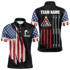 Maxcorners Personalized Grunge American Flag Men's Billiard Shirt, Patriotic Pool Team Shirt Polo & 1/4 Zip LM1411