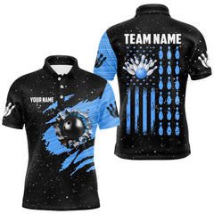 Maxcorners Custom Blue Grunge American Flag Bowling Shirt For Men, Patriotic Bowling Team Jersey Polo, 1/4 Zip LM1708