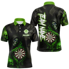 Maxcorners Green Grim Reaper Flame Darts Shirt For Men Custom Skull Darts Jersey Team Polo & Quarter Zip LM1812