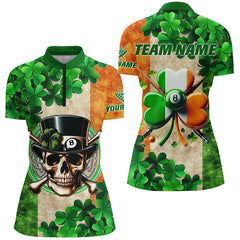 Maxcorners Billiard St Patrick'S Day Funny Skull Custom Shamrock For Women Polo Shirt, Patrick Lucky Billiard Shirts