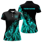 Maxcorners Black And Turquoise Fire Flame Darts Polo & Quarter Zip Custom Dart Shirt For Women Dart Jerseys