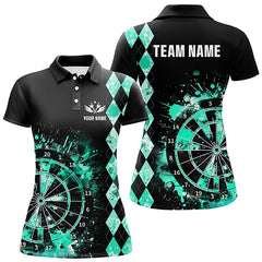 Maxcorners Custom Turquoise Grunge Dartboard Argyle Pattern Dart Shirts For Women, Best Darts Team Jerseys