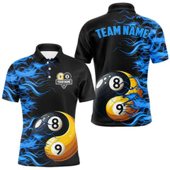 Maxcorners Blue Flaming Funny Yin-Yang 8 Ball & 9 Ball Billiard Shirt For Men Custom Pool Team Jerseys MT2808