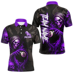 Maxcorners Grim Reaper Custom Flame 8 Ball Pool Billiard Shirt For Men, Purple Black Billiard Team Jersey LM1812