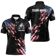 Maxcorners Customized Grunge US Flag Smoke Billiard Polo & 1/4 Zip For Men, Patriotic 8 Ball Pool Team Jersey LM0210