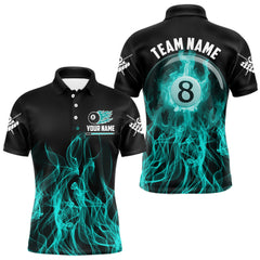 Maxcorners Turquoise Flaming 8 Ball Billiard Polo & 1/4 Zip For Men Custom Billiard Jersey, Pool Team Shirts