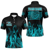 Maxcorners Turquoise Flaming American Flag Men's Billiard Shirt Custom Patriotic Pool Player Billiard Jersey LM2206