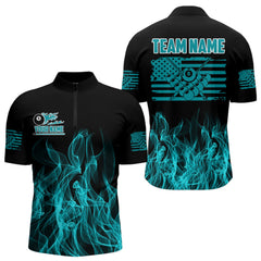 Maxcorners Turquoise Flaming American Flag Men's Billiard Shirt Custom Patriotic Pool Player Billiard Jersey LM2206