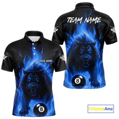 Maxcorners Blue Flaming Lion 8 Ball Billiard Shirts For Men Custom Fire Billiard Team Jersey Polo & 1/4 Zip LM2011