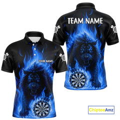 Maxcorners Blue Flaming Lion Darts Shirts For Men Custom Fire Darts League Jersey Team Polo & 1/4 Zip LM2011