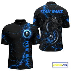 Maxcorners Black And Blue 8 Ball Thunder Lightning Custom Dragon Men's Billiard Shirts, Billiard Team Jerseys
