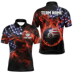 Maxcorners American Flag Smoke Fire 8 Ball Pool Billiard Shirt For Men Custom Patriotic Billiard Team Jersey LM2901
