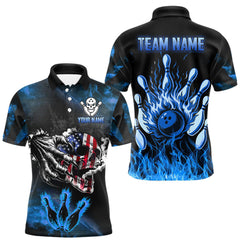 Maxcorners Blue Flaming American Flag Skull Bowling Shirt For Men Custom Fire Bowling Team Jersey LM2408