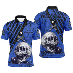 MaxCorners Billiard Grunge Blue Skull Customized Name, Team Name 3D Polo Shirt