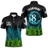 Maxcorners Green And Blue Flaming 8 Ball Pool Men Billiard Polo & 1/4 Zip Custom Pool Team Player Jersey