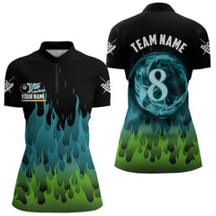 Maxcorners Green And Blue Flaming 8 Ball Pool Men Billiard Polo & 1/4 Zip Custom Pool Team Player Jersey