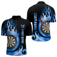 Maxcorners Black Blue Fire Flame Light Darts Polo & Quarter Zip Custom Dart Shirts For Men League Dart Jerseys