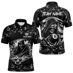 Maxcorners Black White Funny Death Skeleton 8 Ball Pool Men Billiard Shirts Custom Lightning Billiard Jerseys LM103