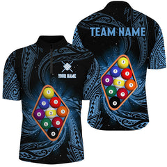 Maxcorners Billiard Blue Tribal Pattern 9 Ball Customized Name, Team Anme 3D Polo Shirt