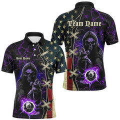 MaxCorners Billiard Purple Death Skeleton Lightning Us Flag Customized Name, Team Name 3D Polo Shirt