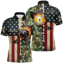 Maxcorners Billiards Ball 8 & Ball 9 Fire American Flag Custom Green Camo Men Polo Shirts
