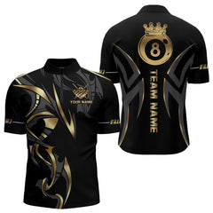 Maxcorners Customized 8 Ball Pool Crown Men Billiard Shirts, Gold And Black Billiard Team Shirt Pool Jerseys Lm173