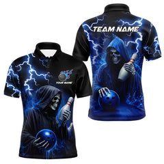 Maxcorners Blue Grim Reaper Bowling Shirt For Men Custom Lightning Team League Bowling Jersey Polo & 1/4 Zip LM2901