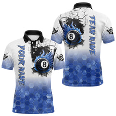Maxcorners Custom White And Blue Hexagon 8 Ball Flame Billiard Shirt For Men, Funny Pool Team Jersey TU0508
