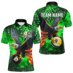 Maxcorners Personalized Green Flaming US Flag 8 Ball & 9 Ball Eagle Billiard Shirt For Men, Pool Team Jersey MT2407